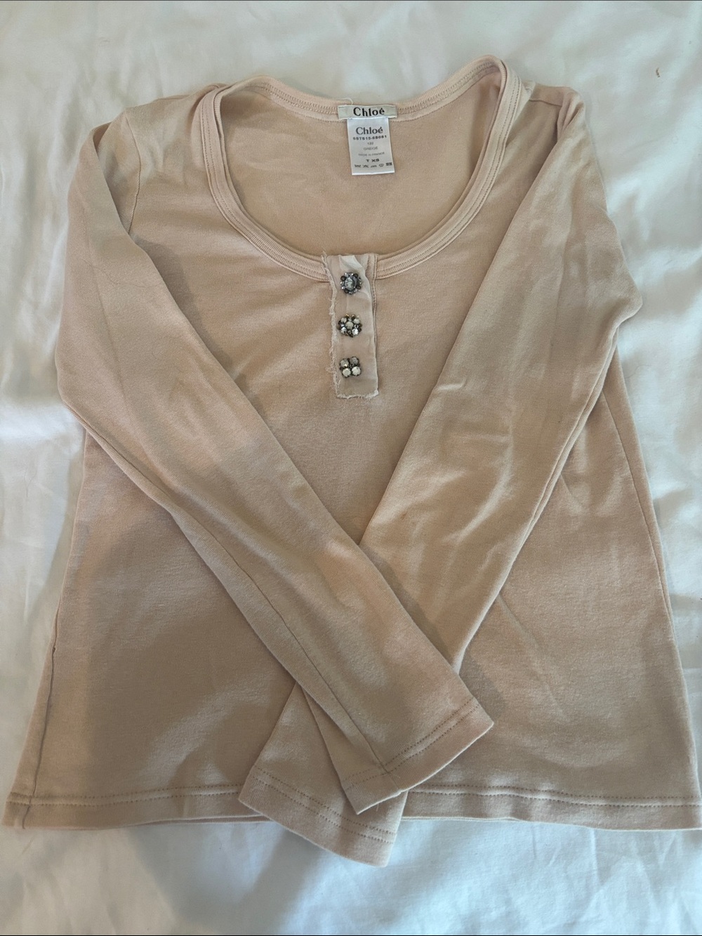 Chloe Long Sleeve Scoop Neck Top in Light Beige with Embellished Buttons